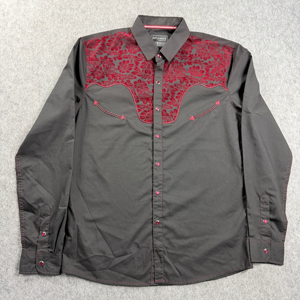 Outlander Craft Flow Mens Western Snap‎ Shirt Medium Black Burgundy Floral Yoke